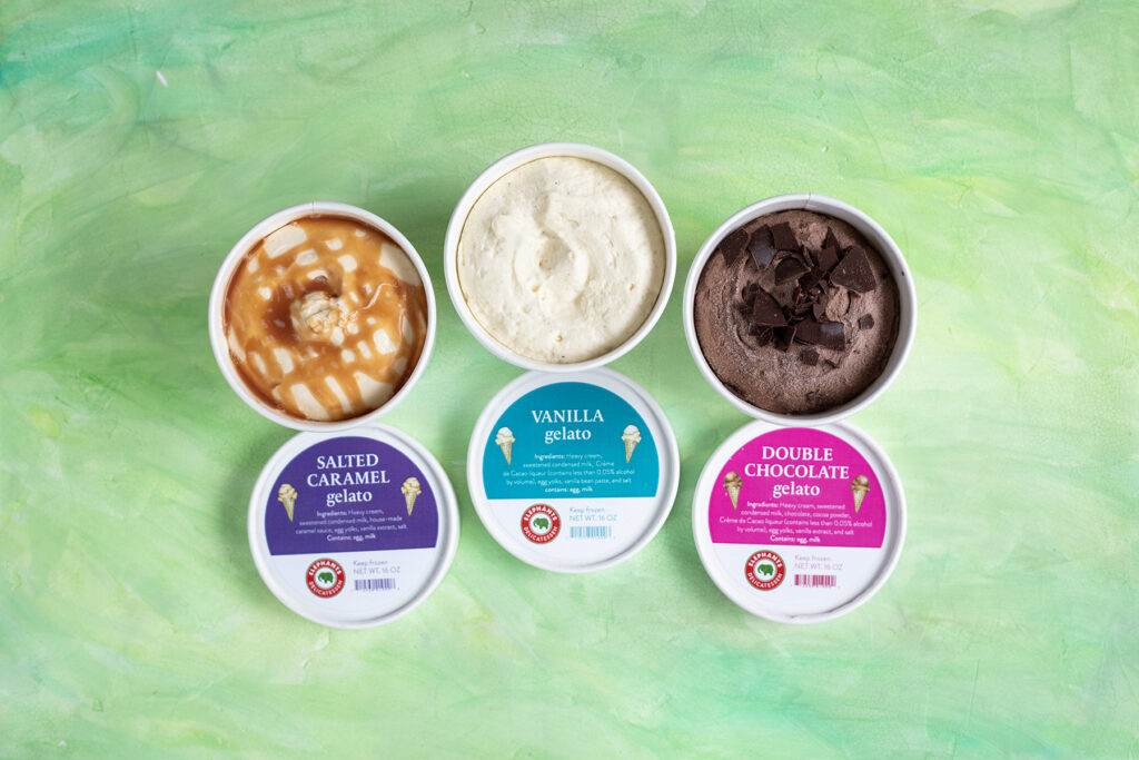 salted caramel, vanilla, and double chocolate gelato pints
