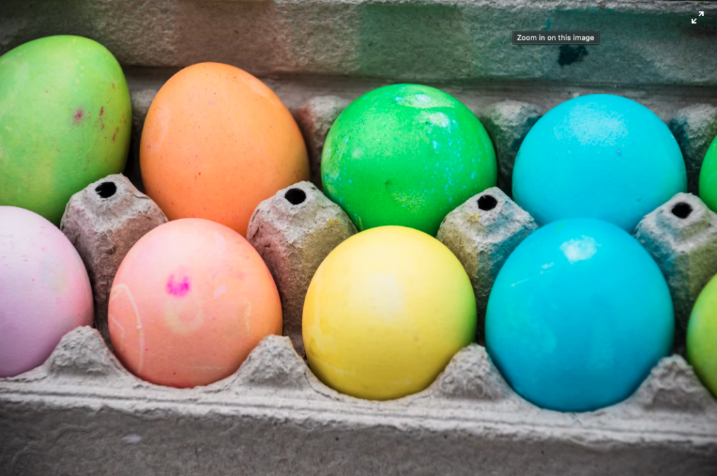 a photo of colored Easter eggs at Elephants Deli